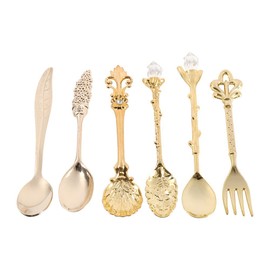 6 Unidad Juego de Cuchara Tenedor Vintage Cuchara de Metal para Helado Café y Fruta Mini Vajilla Portátil Barra de Cocina de Vajilla(Dorado)