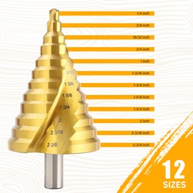 ROGAPER Spiral Groove Step Drill Bit, 12 Steps High-Speed Steel 1/4" to 2-3/8", Large Step Drill Bits for Cutting Holes in Iron Aluminum Copper Plastic Wood