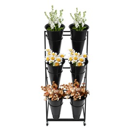 Flower Display Stand with 6 Pcs Buckets, 3 Layers Metal Movable Plant Stand with Wheels Heavy Duty Moving Plant Cart Shelf for Flower Shop, Patio Garden, Outdoor Flower Events Black Frame Black Bucket