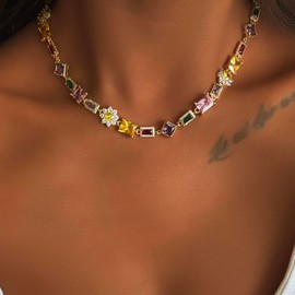 Tennis Necklaces for Men, Dainty 18K Gold Plated Diamond Tennis Choker Necklace Cubic Zirconia Chain with Emerald, Ruby, and Aquamarine Gemstones for Men Bride Birthday Wedding Valentine's Day Gifts (47CM)