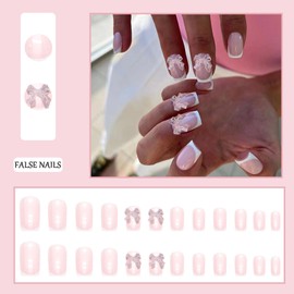 24pcs False Nails French Tip - Square French Stick on Nails with Transparent Bow - Press on Nails Removable Glue-on Nails - Full Cover Fake Nails Nail Art Accessories
