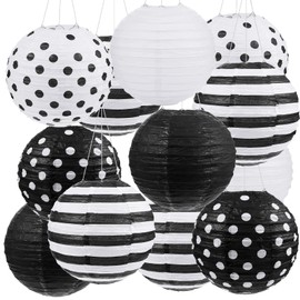 Treela Back to School 8" White Black Paper Lanterns Decorative Round Hanging Paper Lanterns Chinese Japanese Paper Striped Polka Dots Black and White Office Decor for Birthday Party (12)