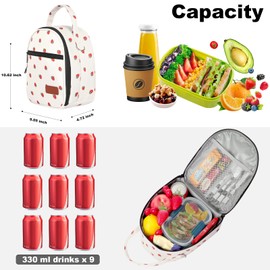 Joymee Lunch Box Insulated Lunch Bag Women Men Reusable Cooler Bag Adult Cute Lunch Tote Bags with Front Zipper Pocket, Adjustable Shoulder Strap for Work Office Picnic Travel, Beige-Strawberry