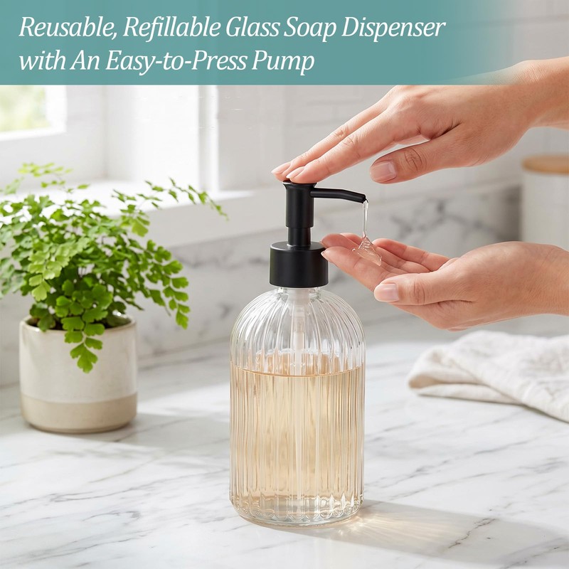 4 Pack Glass Soap Dispenser 14 oz, Refillable Clear Pump