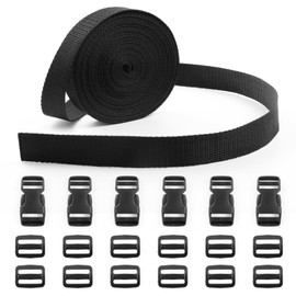 ADALT LION Buckles for Strap Webbing 8 Yards 1 Inch Width with Adjustable Buckles 6 pcs and Plastic Tri-glide Slide Clip 12 pcs for DIY Buckles Strap Kit (Black, 1" - 8 Yards)
