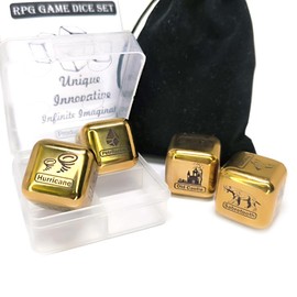 Creative RPG Game Dice Set - 4Pcs/Set Laser Engraved Stainless Steel Dices with Storage Box & Velvet Bag for Table Game Accessory (Gold)