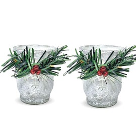 Holiday Berry and Holly Candleholders Set of 2 White Frosted Glass with Greenery and Red Berry Design 3.5" H