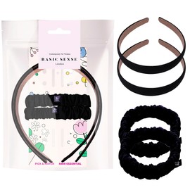 Basic Sense Satin Hair Set - 2 Non-Slip Headbands & 2 Elastic Scrunchies - School & Daily Use, Black