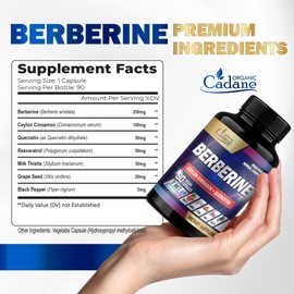 Cadane Berberine Supplement with Ceylon Cinnamon, Quercetin, Resveratrol, Milk Thistle, Grape Seed, and Black Pepper - 3-Month Supply for 90 Capsules