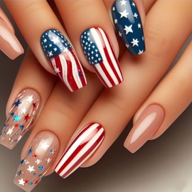 Fourth of July Press on Nails Medium Long False Nails with Star Stripe Designs Coffin Nails Press ons Glossy Glue on Nails Independence Day Acrylic Nails Nude Full Cover Stick on Nails for Girls 24Pcs