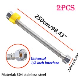 Qrity 2 Pieces G 1/2 Inch x G 1/2 Inch Stainless Steel Braided Hose, Flexible Water Pipe for Bathroom, Toilet, Taps, Kitchen Sink, Water Inlet Hoses, 250 cm