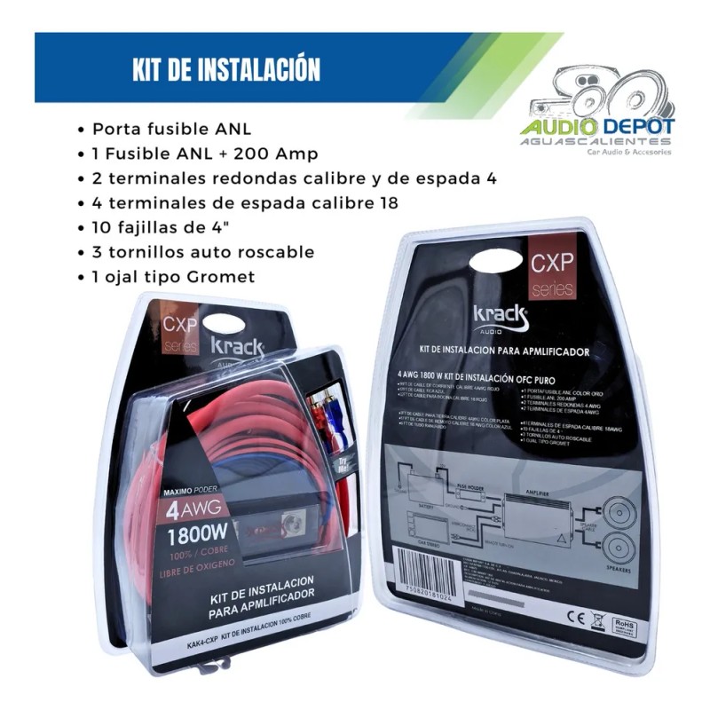 Kit De Instalacion Amplificador Cal 4 Krack 100% Cobre 1800w