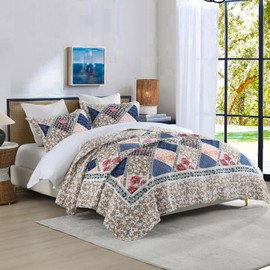 DDUOXIN Floral Oversized King Bedspread 128"x120" - 100% Cotton Reversible California King Quilt with 2 Pillow Shams, Farmhouse Bedspreads Lightweight Bedding Set, Navy Brown, 3 Piece