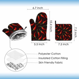 Samgula Red Chili Oven Mitts and Pot Holders Sets Vegetables Scattered in Dark Heat Resistant 3pcs for Cooking Baking BBQ