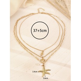 Gold Starfish Pearl Seashell Conch Layered Necklace for Women Bohemian Metal Shell Starfish Pendant Necklace Gold Figaro Chain Choker Necklace Summer Beach Surfer Jewelry Gifts