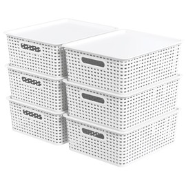 Kekow 6-Pack Plastic Storage Baskets with Lid, Organizer Bins, White