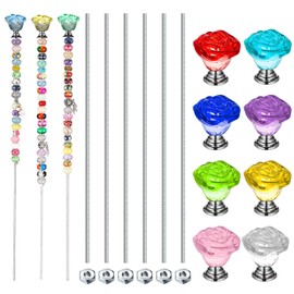 Pelopy Pack of 8 DIY Fairy Garden Beaded Stakes Wands Kit 8 Pcs of 8/32 Inch 12 Inch Threaded Rods and 8 Pcs Hex Nuts and 8 Tops, Stainless Steel Stakes with Toppers (Stylish Color,Rose Flower)