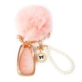 YILINXI Compatible with Chevy 5 Buttons Key Fob Cover with Cute Pom Pom Keychain for Women, Pink