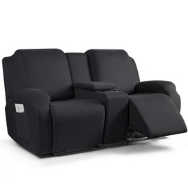 TAOCOCO Reclining Loveseat with Middle Console Slipcover, 4 Piece Polyester Fabric Stretch Loveseat Reclining Sofa Covers (Black, 2 Seat Recliner Cover with Console)