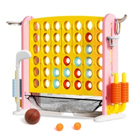 Giant 4 in a Row Connect Game with Mesh Fabric | Height Adjustable 4-in-1 Jumbo 4-to-Score Yard Game Set with Basketball, Golf & Ring Toss | Outdoor Indoor Family Yard Party Game for Kids & Adults