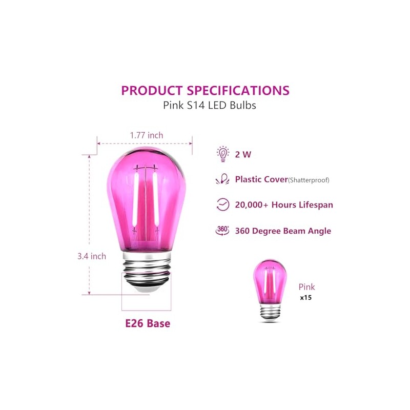GUILEDUO 15 Pack S14 LED Pink String Light Bulbs, Shatterproof