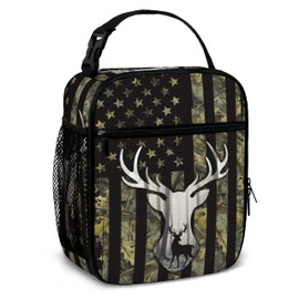 Camo American Flag Hunting Tactical Deer Lunch Bag for Kids Boys Reusable Insulated Lunch Box Portable Tote Bag for Men Women School Office Picnic Camping (Black, 10x4x8 Inch)