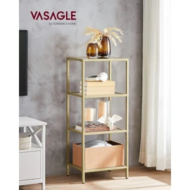VASAGLE Bookcase, 4-Tier Bookshelf, Slim Shelving Unit for Bedroom, Bathroom, Home Office, Tempered Glass, Steel Frame, Metallic Gold ULGT28G