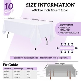ACSUIT 10 Pack White Table Cloth Rectangle 60x126 inch White Tablecloths for 8 Foot Tables Wrinkle Resistant Polyester Table Cloth Fabric Table Cover for Party Wedding Events and Camping