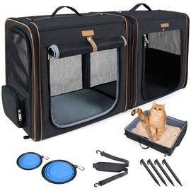 Lekereise 2-in-1 Cat Travel Carrier with Litter Box, (20.85" x2) x19.7"x19.7" Large Cat Carrier with Zipper Locks for Moving Across The Country (No Hammock) - Black