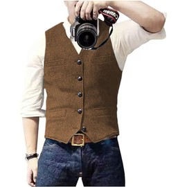 Solovedress Mens Vintage Waistcoat Tweed Wool Regular Fit Suit Vest for Wedding Groomsmen(Brown,XXXL)