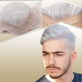 Lishy Mens Toupee European Human hair Replacement for Men Hairpiece Swiss Lace Front 0.08mm Thin Skin PU All V-looped Man Wigs 10x8inch 60RY Grey White Color