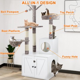 Timberer Litter Box Enclosure with Cat Tree, Wooden Cat House with Cat Tree Tower, Hidden Cat Litter Box Furniture with Scratching Post, Modern Cat Condo, White