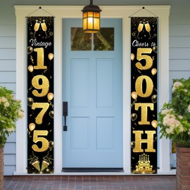 50th Birthday Decor Black Gold Banner,Cheers to 50 Years Vintage Door Sign for Porch, Men/Women Anniversary Party Supplies Indoor Outdoor