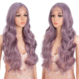 Style Icon Long Body Wavy Wig 26 inch Pale Purple Long Curly Synthetic Lace Front Wigs for Women T Part Wig Pre Plucked Heat Resistant Fiber 150% Density (QTASHPU)