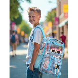 QOECI Heavy Duty Clear Backpack For School, 17 Inch Clear Bookbag For Kids Boys Girls Women Men, Large See Through Backpack With An Extra Pouch Accessories, Multi-Pockets Tranparent Bag, Light Blue
