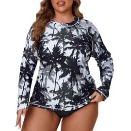 Halcurt Womens Plus Size Long Sleeve Rash Guard Swim Top with Built in Bra Loose Fit UPF50+ Sun Protection Swimsuit White Palm Leafs 2X