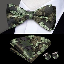 Hi-Tie Pre-Tied Bowties for Men Silk Bow Ties and Pocket Square Cufflinks Set Mens Wedding Party Formal,Green Brown Floral