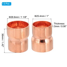 PATIKIL 1 1/8" to 1" ID Copper Reducer, 3pcs 99.9% Pure Copper Reducing Coupling Pressure Fitting Pipe Tube Connector Adapter with Sweat Solder Connection