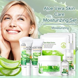 Set De Aloe Vera Para El Cuidado Facial, 9 Piezas Con Mascarillas, Gel Exfoliante, Gel Limpiador, Tónico, Suero, Crema Hidratante, Crema Para Ojos Y Kit Hidratante.
