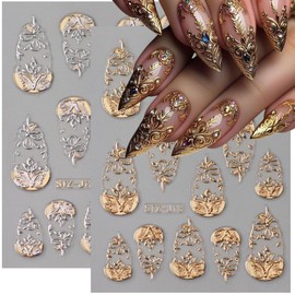 6 Sheets Gold Nail Stickers Decals Metal Flower Nail Art Stickers 5D Relief Self-Adhesive Stereo Tree Sculpture Heart Line Nail Supplies Spring Nails Design Stickers for Women Acrylic Nails Decor