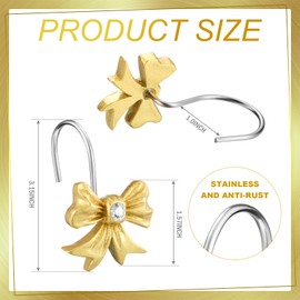CroBlissful 12 Pcs Golden Bow Knot Shower Curtain Hooks Decorative Bow Shower Curtain Stainless Steel Resin Hooks Bulk Decorative for Home Bathroom Decor Supplies