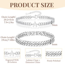 XSDSLS 2PCS Mens Silver Bracelets Stainless Steel Initial Letter Bracelet Cuban Link Chain Bracelet Jewellery Presents for Birthday Fathers Day Christmas Valentines Day (M)