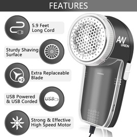 Fabric Shaver Lint Remover, AW union USB Powered Lint Shaver Efficiently Remove Lints from Fabrics, Clothes, Upholstery - 71" Cord - 2 Replacement Blade - Gray