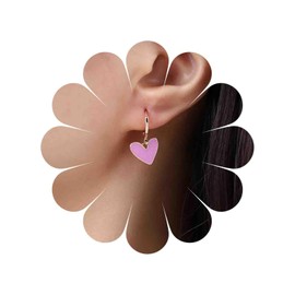 TseenYi Pink Heart Dangle Huggie Earrings Boho Enamel Heart Pink Earrings Vintage Gold Huggie Hoop Earrings Heart Love Dangling Earrings Jewelry for Women and Girls Gifts