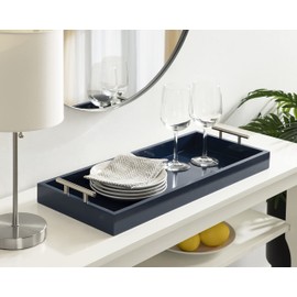 Kate and Laurel Lipton Narrow Decorative Tray, 10 x 24, Navy Blue and Silver, Chic Accent Tray for Display and Storage