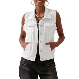 SANSIWU Womens Vintage Washed Denim Vest Solid Color Sleeveless Lapel Button Down Jean Waistcoat Lightweight Cardigan Jacket Tank Tops (White A, XXL)