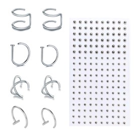 Leogony 8 PCS Fake Nose Ring Earing Clip On, 180pcs Fake Nose Piercings Studs Sticker for Men Women 3mm 4mm