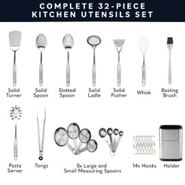 Home Hero 32-Piece Stainless Steel Kitchen Utensil Set - Heat-Resistant Nonstick Silicone Tools - Durable Stainless Steel Cooking Tools - Measuring Cups & Spoons with Holder - 32 Pc, Silver
