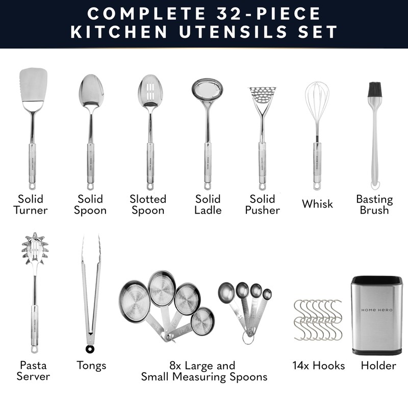 Home Hero 32-Piece Stainless Steel Kitchen Utensil Set - Heat-Resistant