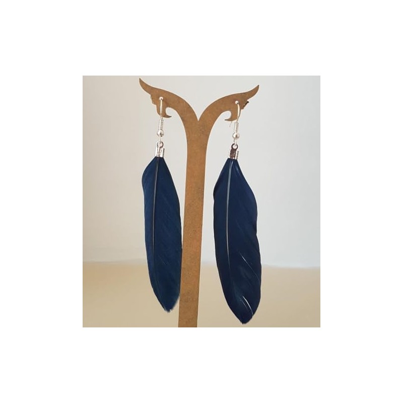 Navy Blue Feather Earrings - Handmade